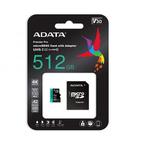 MEMORIA MICRO SDXC 512GB ADATA AUSDX512GUI3V30SA2-RA1 CLASE 10 100 MB/S 85 MB/S PARA CÁMARAS Y DIAPOSITIVOS MOVILES